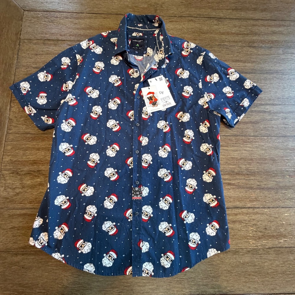 Denim & Flower Men L Navy Bad Santa Sunglasses Button Down Shirt 100% Cotton NEW